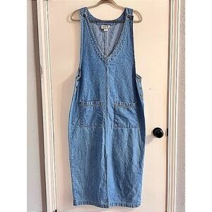 Vintage 90s Denim Jumper Dress Womens Medium Blue Cotton Midi Made in USA